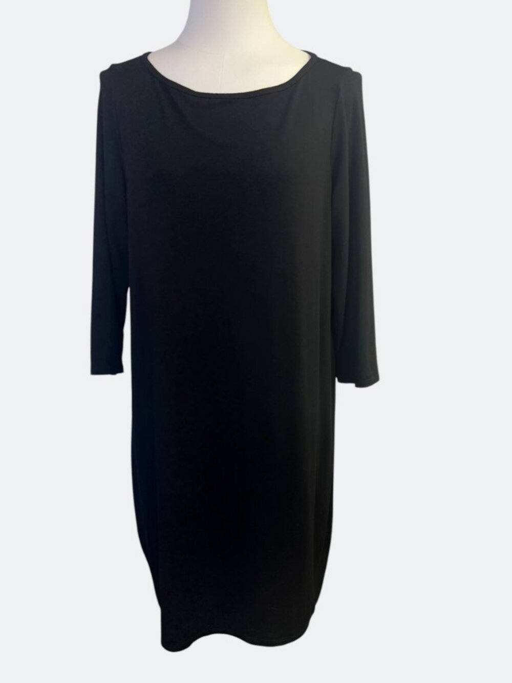 Eileen Fisher Dress Womens Petite Large Black Jersey Shift Scoop Neck 3/4 Sleeve